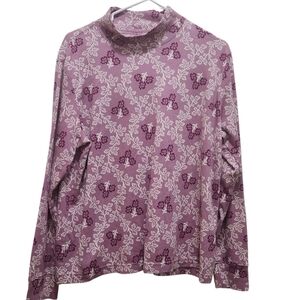 Lands End Womens L Petite Purple Floral Mock Turtleneck Long Sleeve Cotton Tee